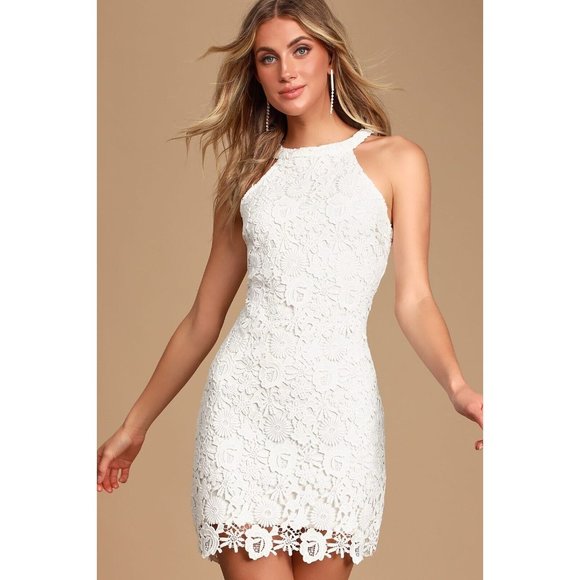 LULU'S Love Poem Crochet Lace Halter Sleeveless Bridal Mini Dress Size XL White - Picture 1 of 10
